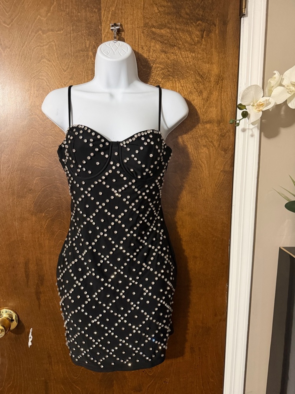 Fashion Nova Black Studded Mini Dress with Spaghetti Straps